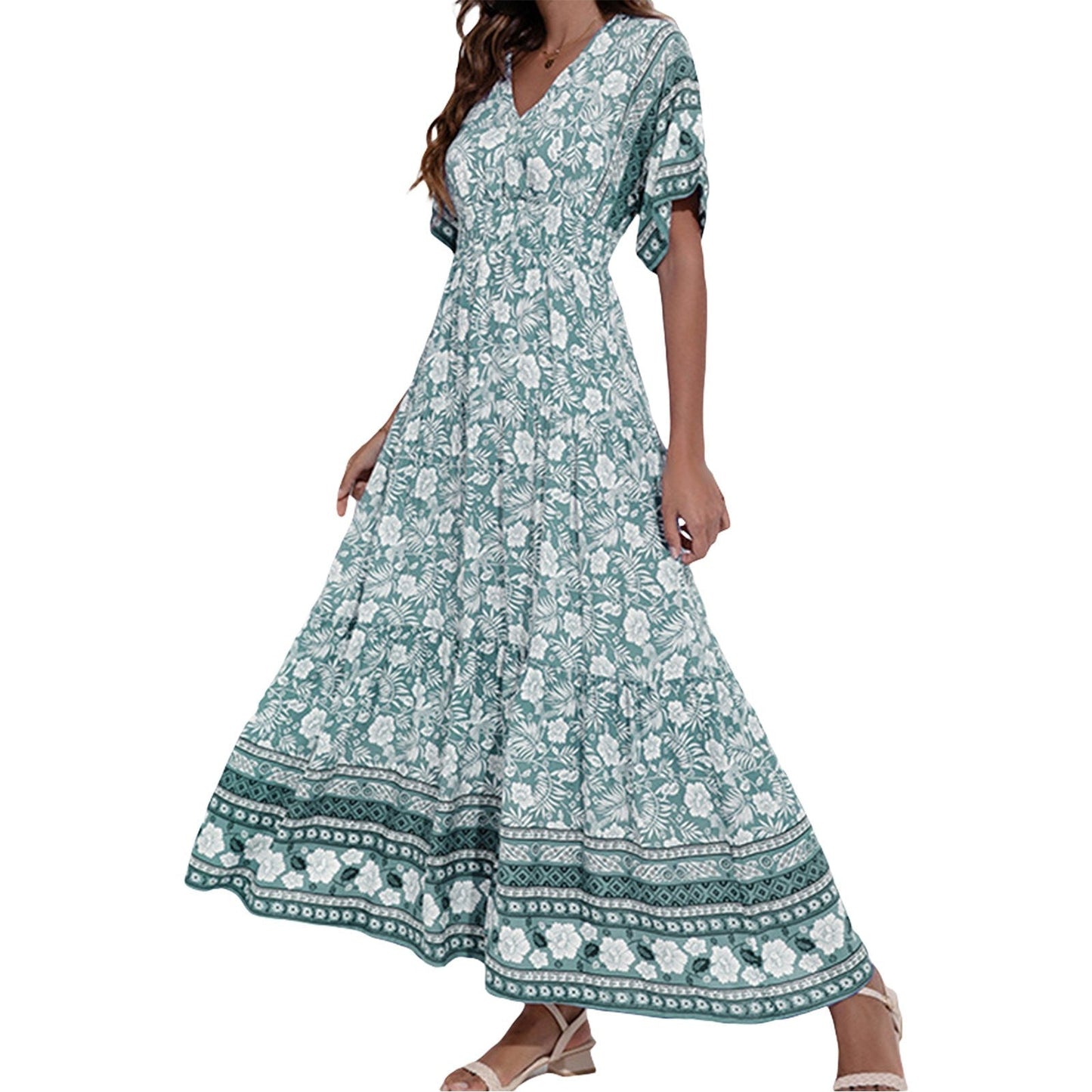 Bohemian floral maxi dress with flattering V-neck in a relaxed flowing silhouette for vacation style