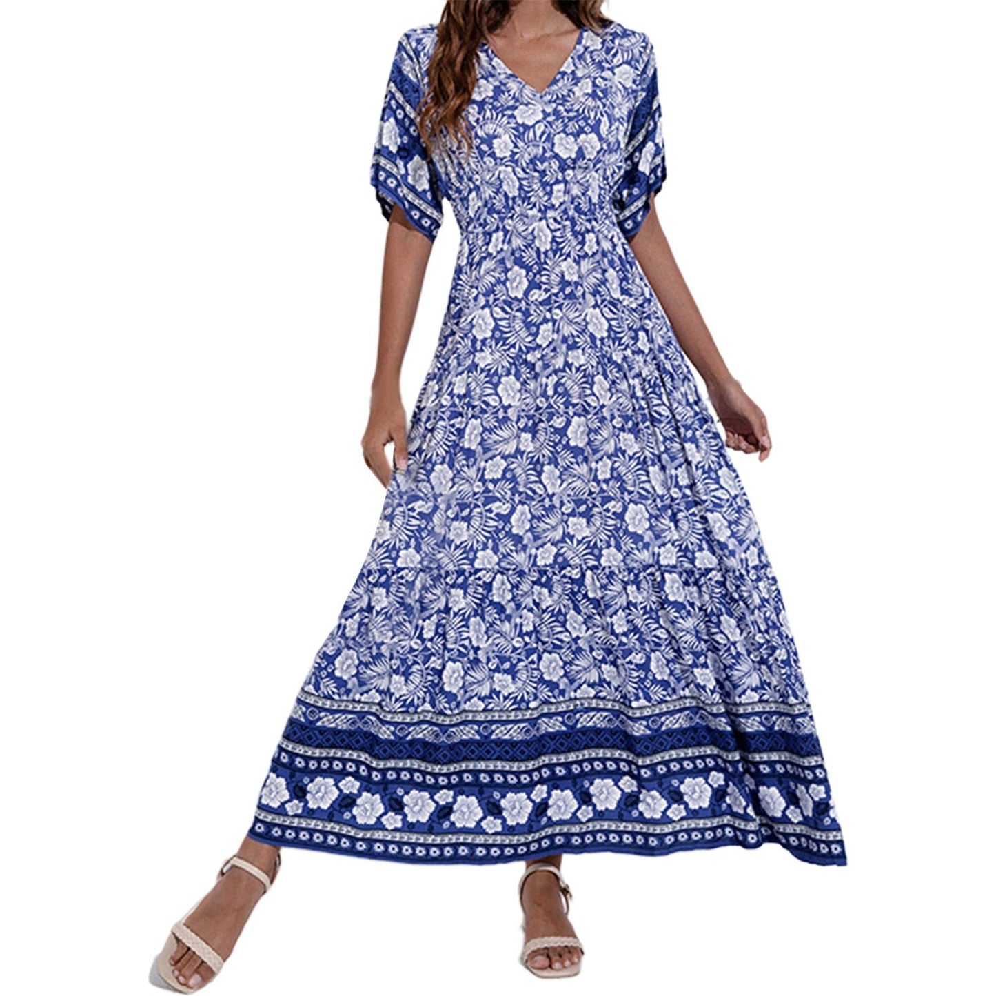Bohemian floral maxi dress women V-neck loose flowing silhouette vintage vacation style