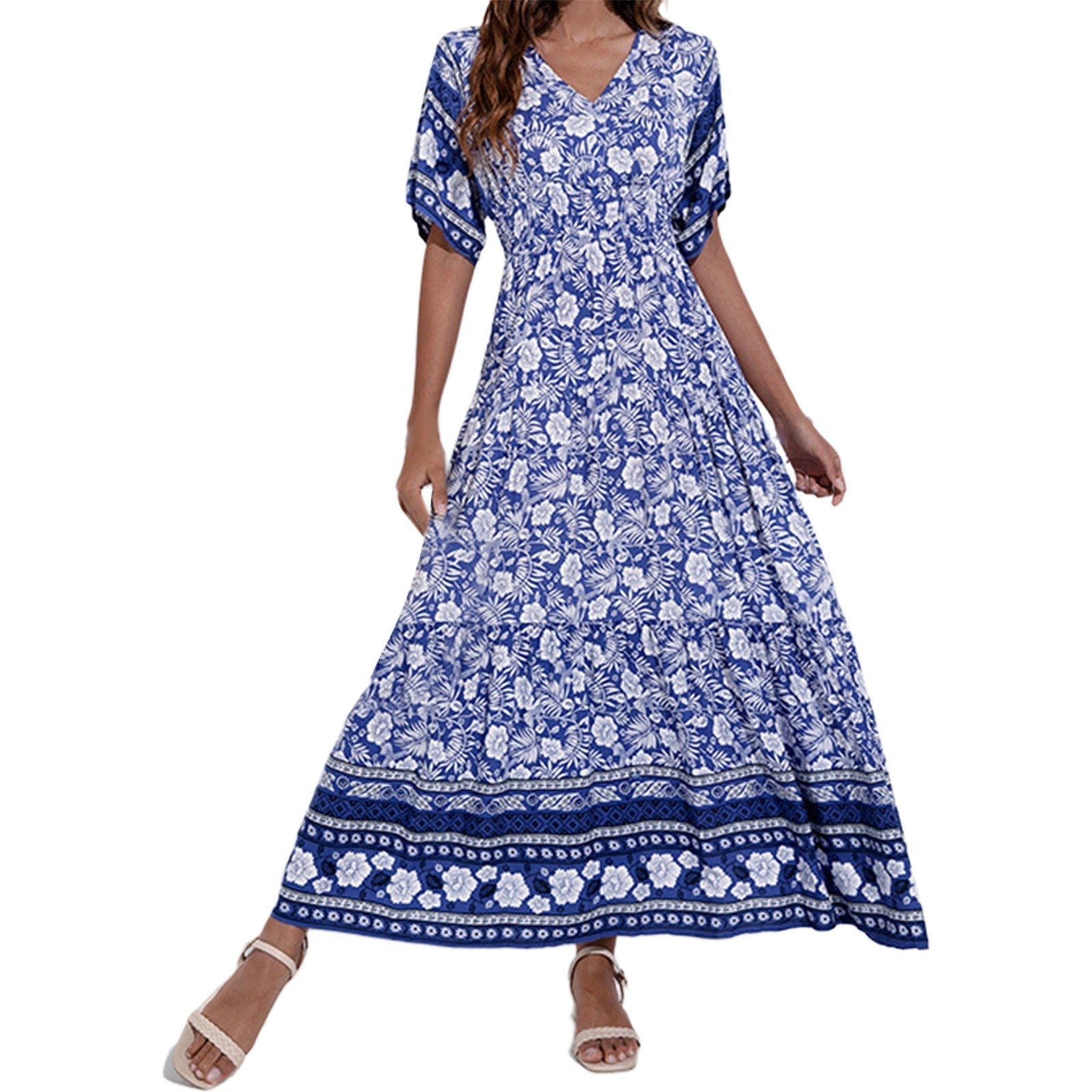 Bohemian floral maxi dress women V-neck loose flowing silhouette vintage vacation style