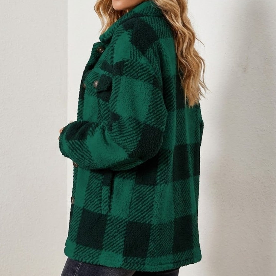 Women's loose checked jacket in warm tones, soft-touch fabric blend for cozy city winter walks