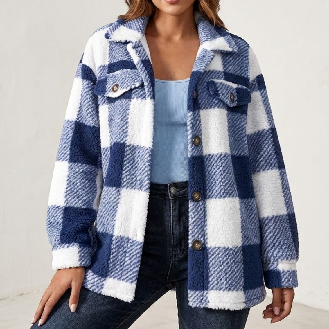 Women's loose checked jacket in winter tones, soft-touch fabric blend for cozy city cold days