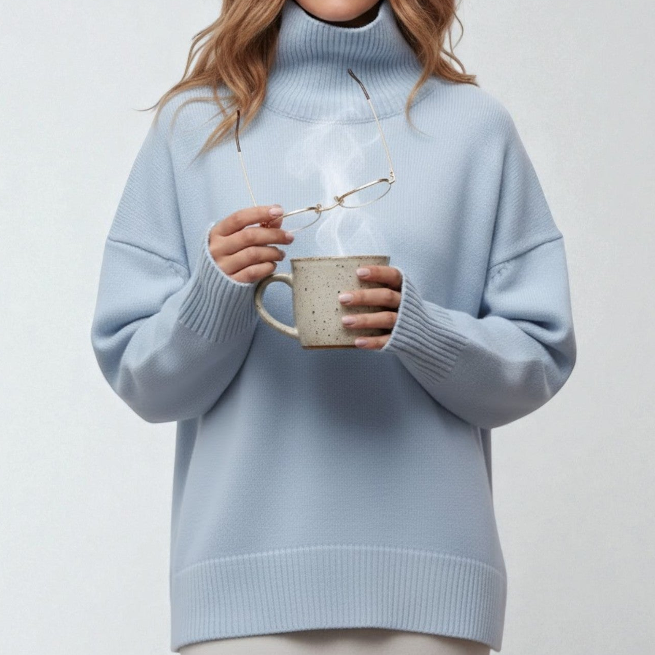 Women's beige turtleneck sweater soft knit cozy regular fit high collar winter style