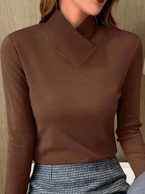 Women's white minimalist asymmetrical neck top with elegant V-detail collar twist
