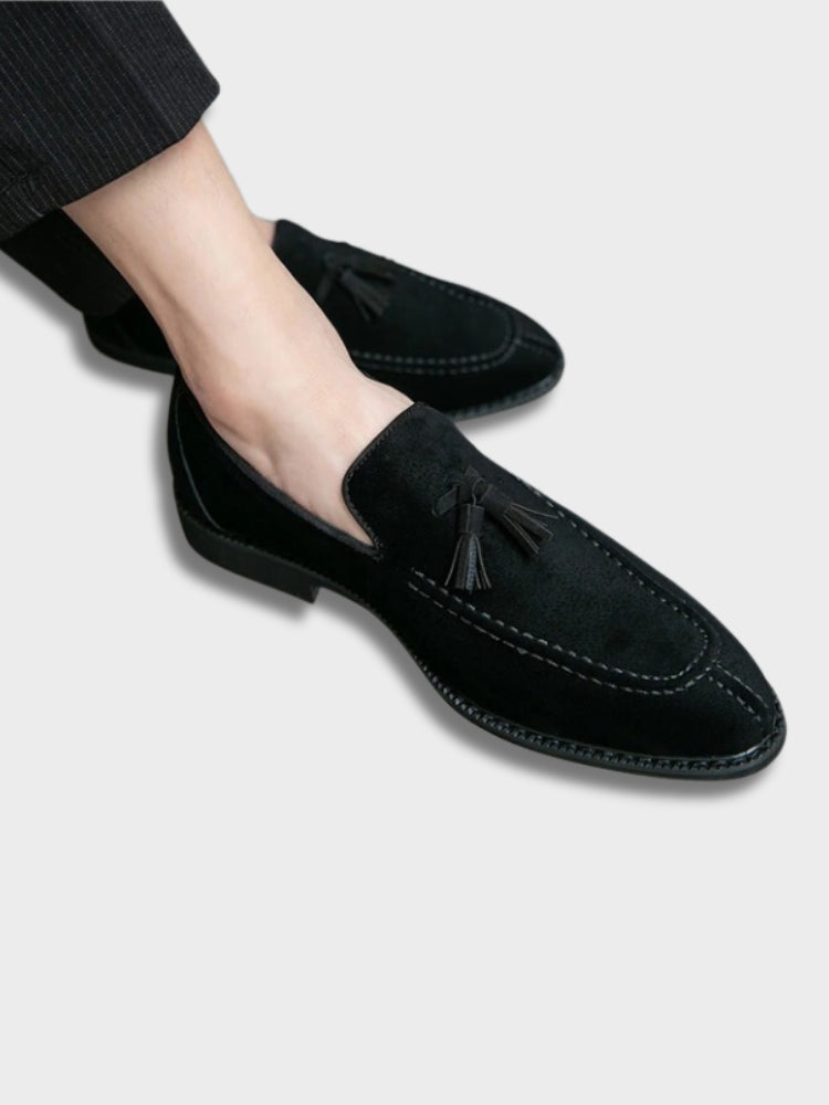 Men's Italian-style slip-on loafers in classic tan leather with clean lines and laceless silhouette