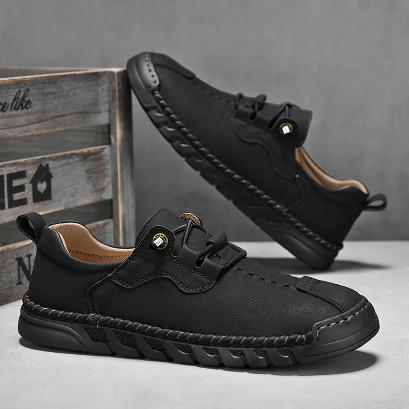 Men's brown handcrafted split leather walkers with intricate hand-stitched detailing for all-day comfort