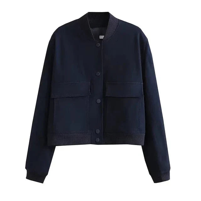 Women's short-cut bomber jacket with button placket and practical pockets for everyday layering