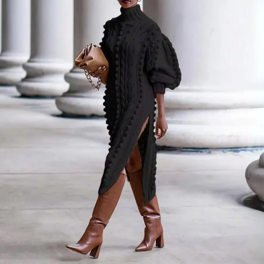 Women's braided knit turtleneck dress warm cozy winter style with high slit in neutral tone