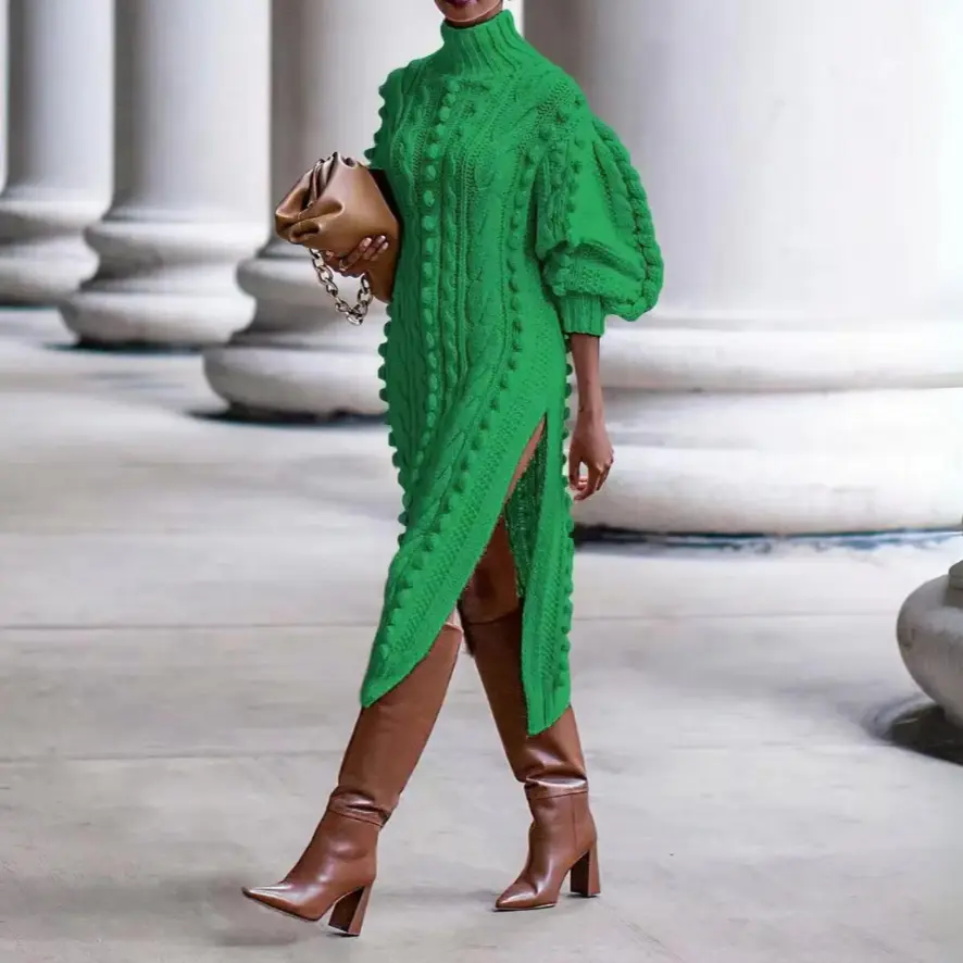 Women's braided knit turtleneck dress warm winter cozy thick cable-knit style with high slit