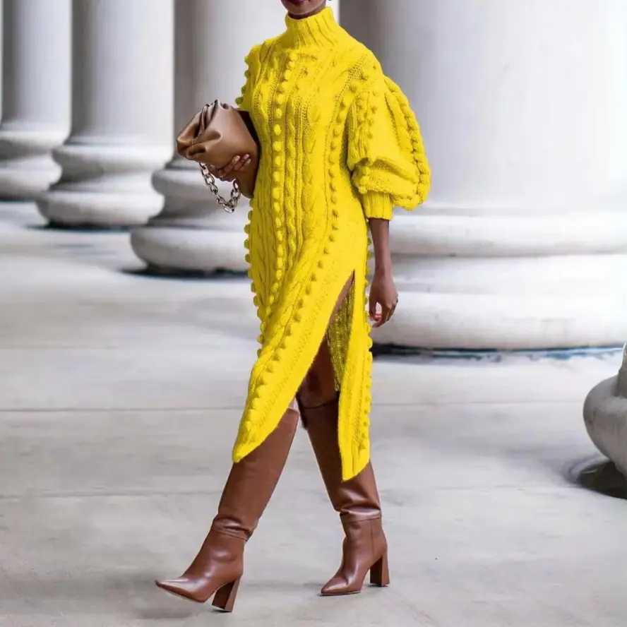 Women's braided knit turtleneck dress warm cozy winter style with high slit in neutral tone