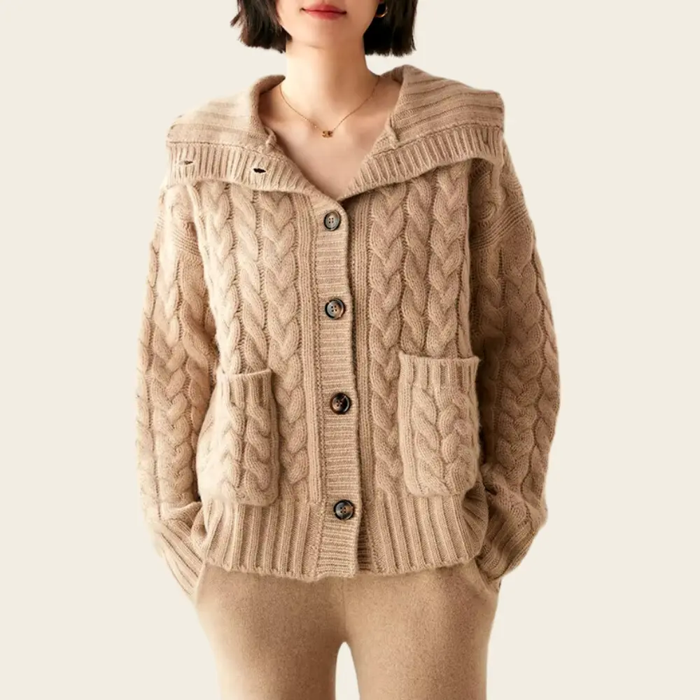 Heavyweight 100% wool cable-knit turtleneck cardigan in classic vintage style for cold-weather layering