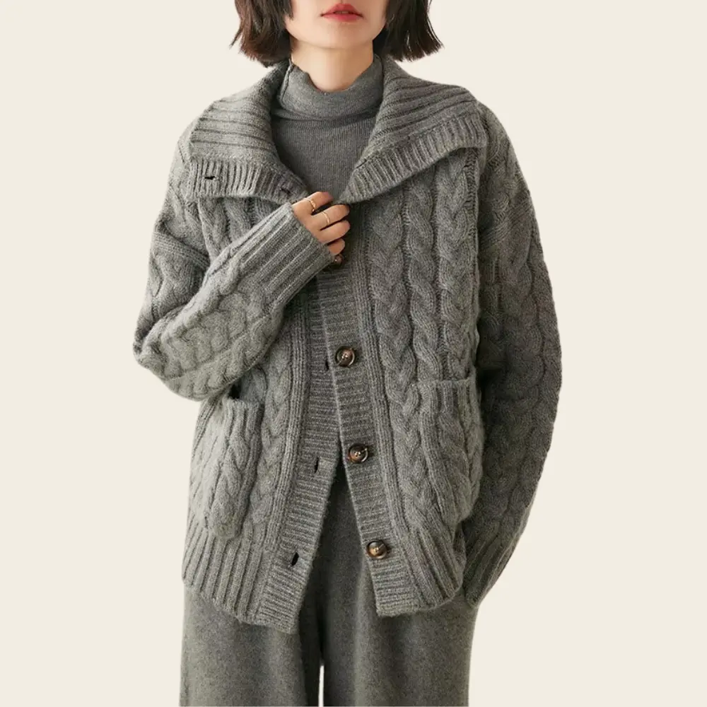 Heavyweight 100% wool cable-knit turtleneck cardigan in classic vintage style for cold weather