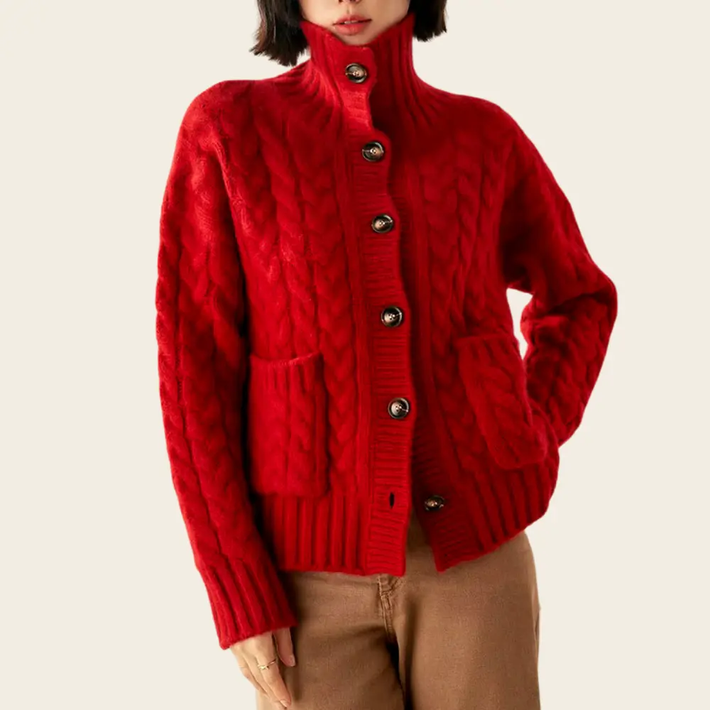 Heavyweight 100% wool cable-knit turtleneck cardigan in classic vintage style for cold-weather layering