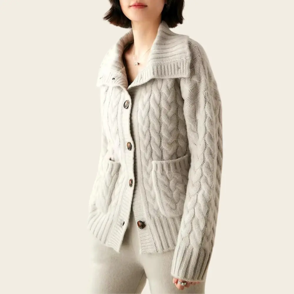 Heavyweight 100% wool cable-knit turtleneck cardigan in classic vintage style for cold-weather layering