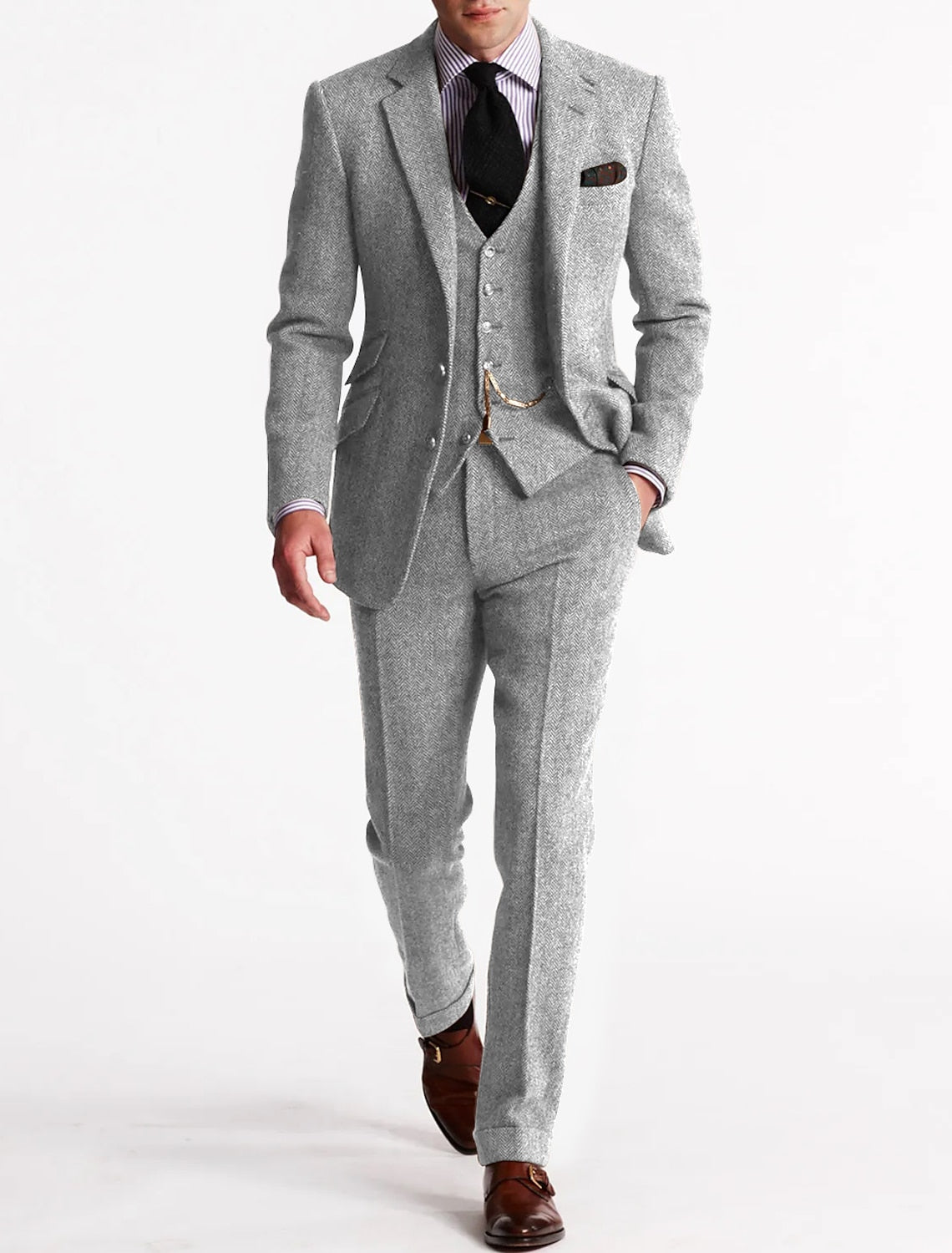 Men's slim fit three-piece suit in classic navy, tailored jacket waistcoat trousers professional style