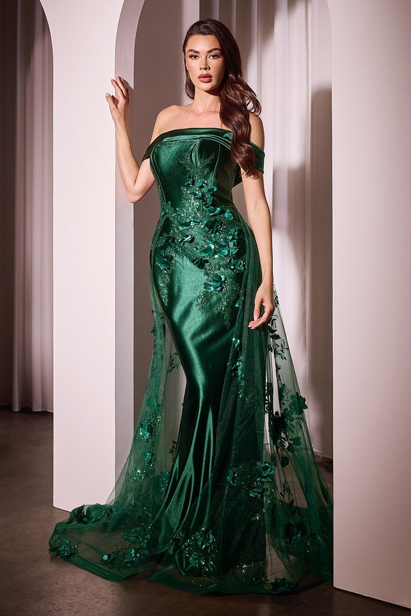 Satin off-shoulder prom gown with floral appliqué embroidery and fitted overskirt elegant train