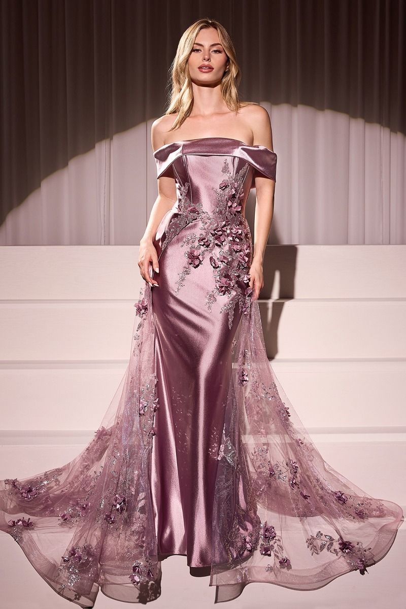 Satin off-shoulder prom gown with floral appliqué and embroidered train, fitted silhouette