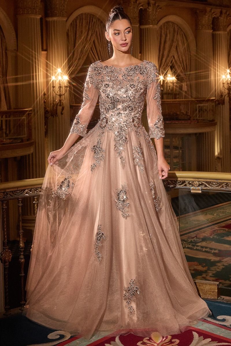 LaDivine J883 ivory lace embroidered A-line evening gown with illusion neckline and tulle skirt