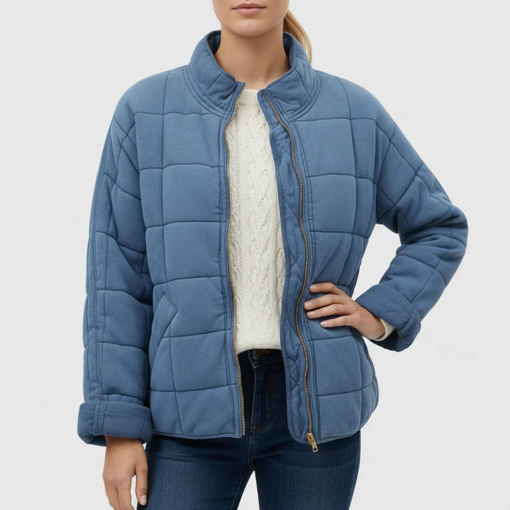 Women's quilted bomber jacket stand collar loose fit front zip transitional weather outerwear