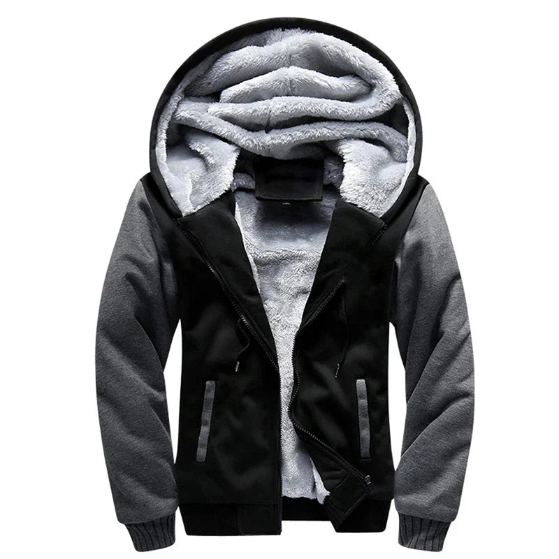 Men's winter hoodie jacket with camouflage sleeves, ultra-thick fleece lining, and full-zip hooded design