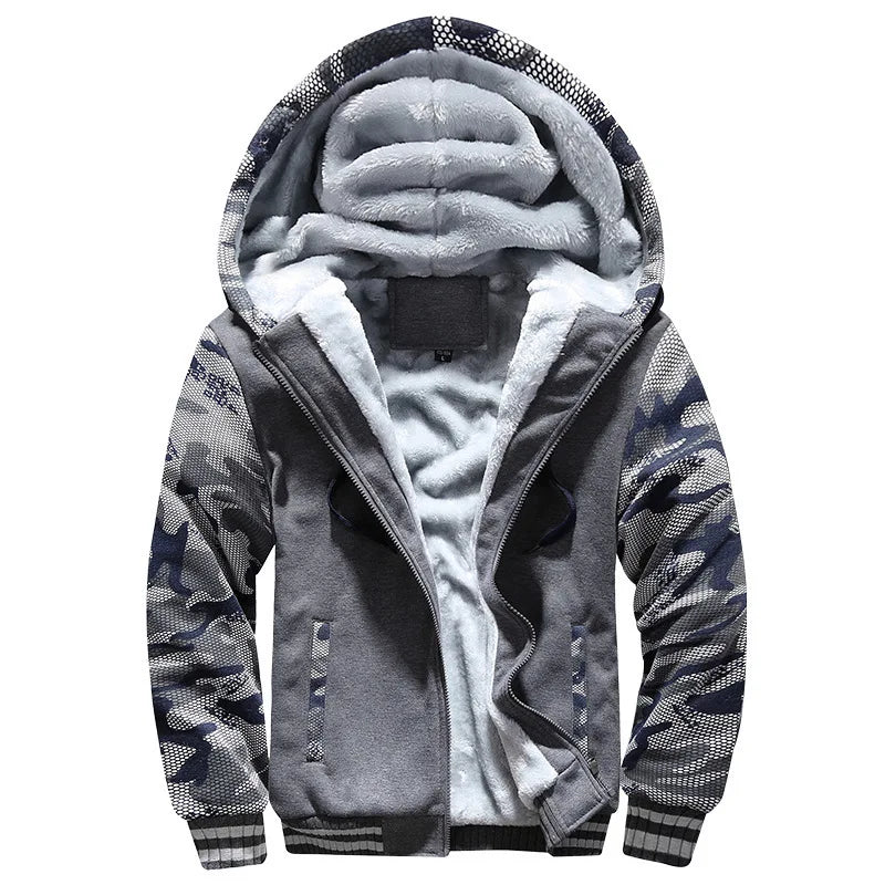 Men's winter hoodie jacket ultra-thick fleece lining camouflage sleeves full-zip hooded cold weather