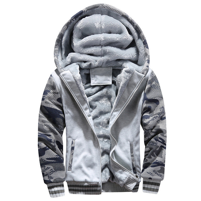 Men's winter hoodie jacket ultra-thick fleece lining camouflage sleeves full-zip hooded casual outdoor