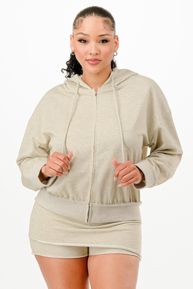 Women's black activewear set hooded zip-up jacket and skort stretchy polyester spandex two-piece