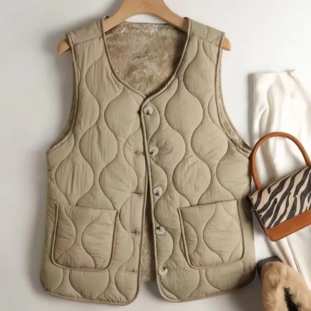 Jade reversible button-up vest with soft fleece lining, unisex cozy layering piece for chilly days