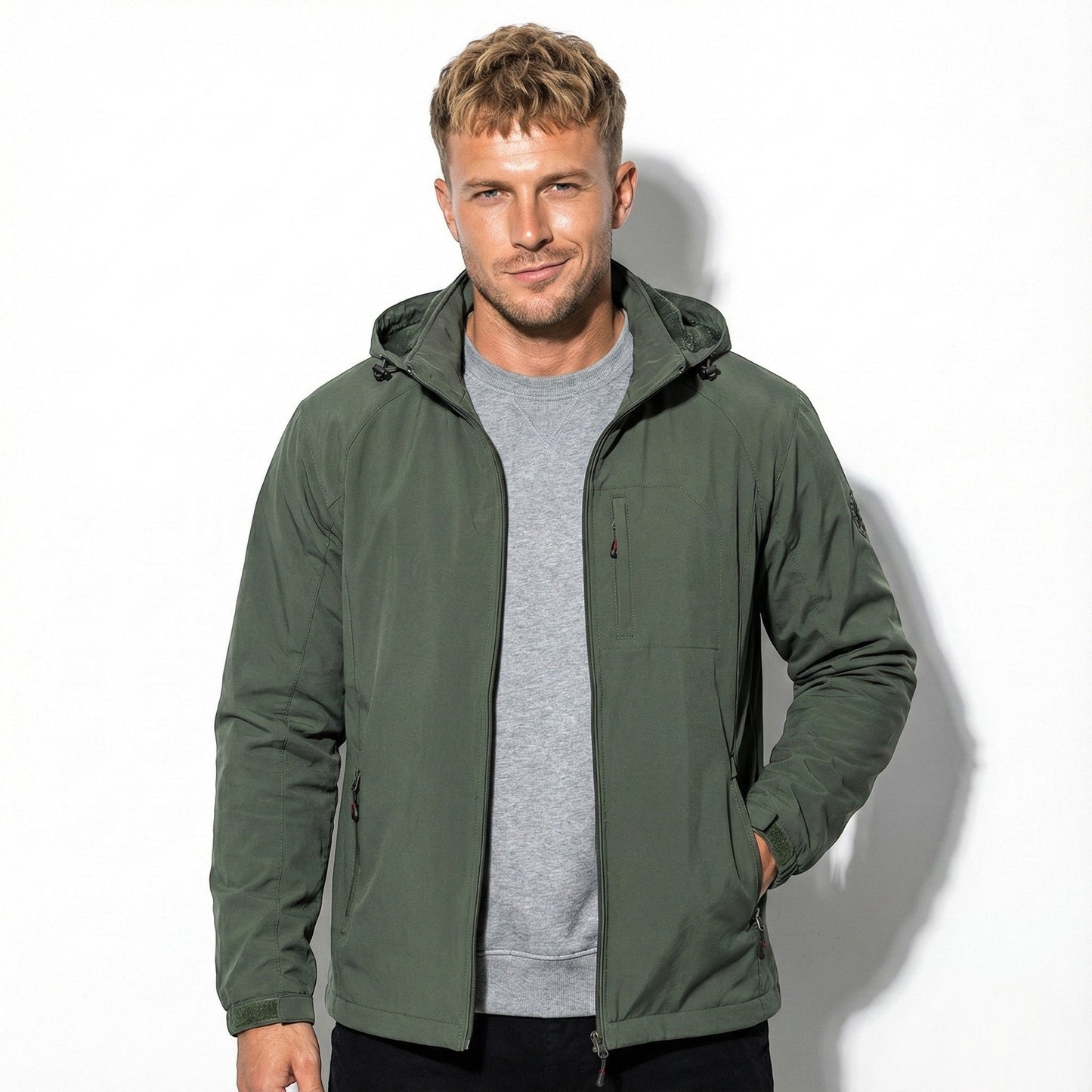 Men's lightweight waterproof cargo jacket in neutral tone with breathable fabric and multi-pocket design