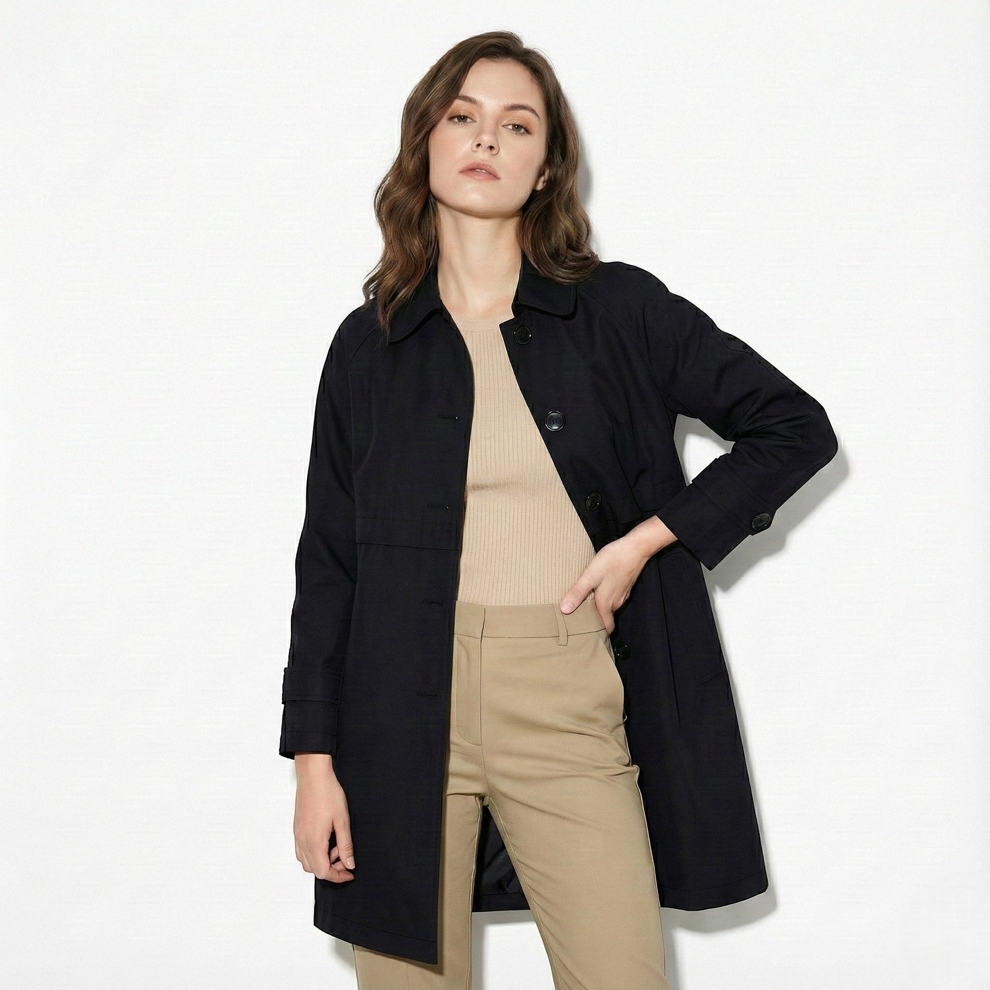 Women's beige lightweight trench coat tailored fit single-button closure breathable fabric work style