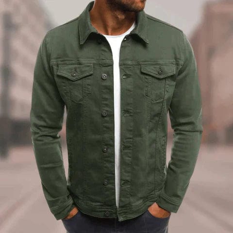 Men's slim-fit blue denim jacket with modern urban silhouette and durable high-quality fabric