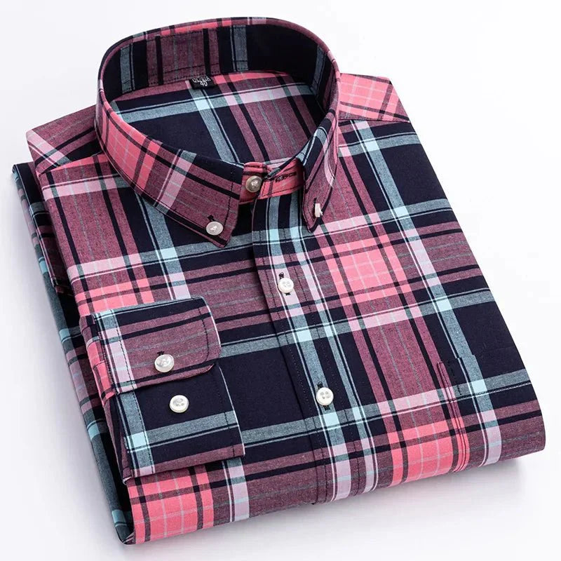 Men's plaid button-down shirt in classic multi-color pattern, relaxed fit with soft breathable fabric