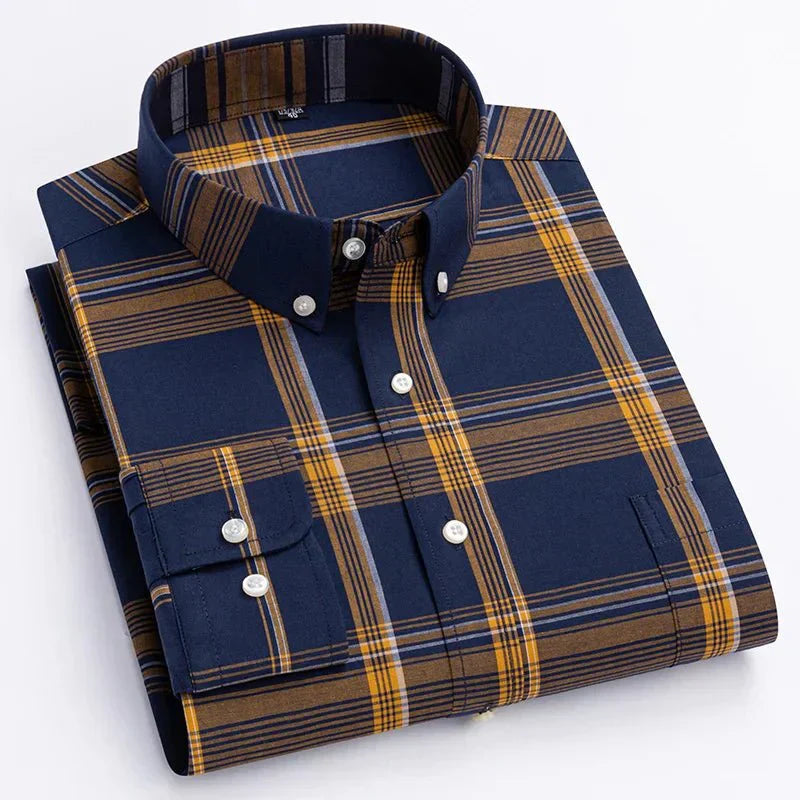 Men's plaid button-down shirt classic fit breathable fabric versatile everyday casual style