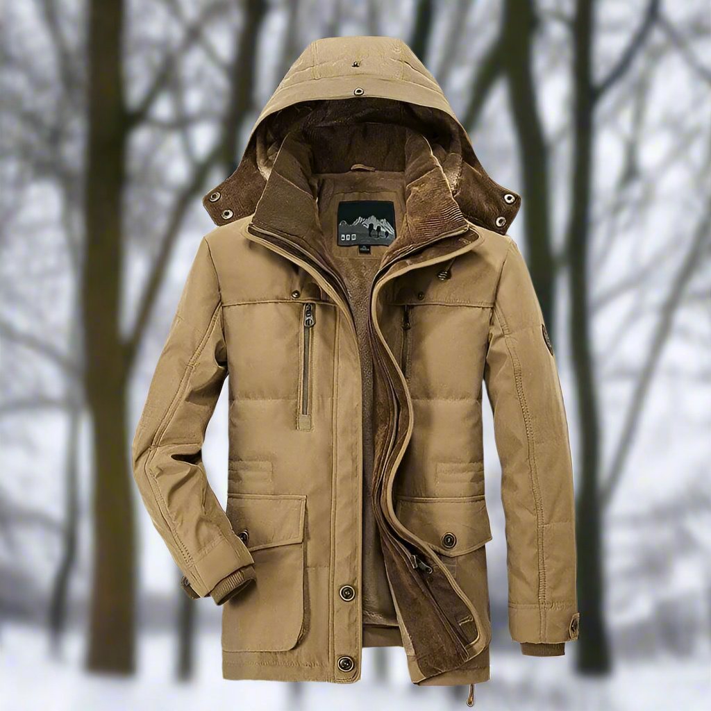 Men's hooded plush-lined parka jacket regular fit hip-length zip front multiple pockets