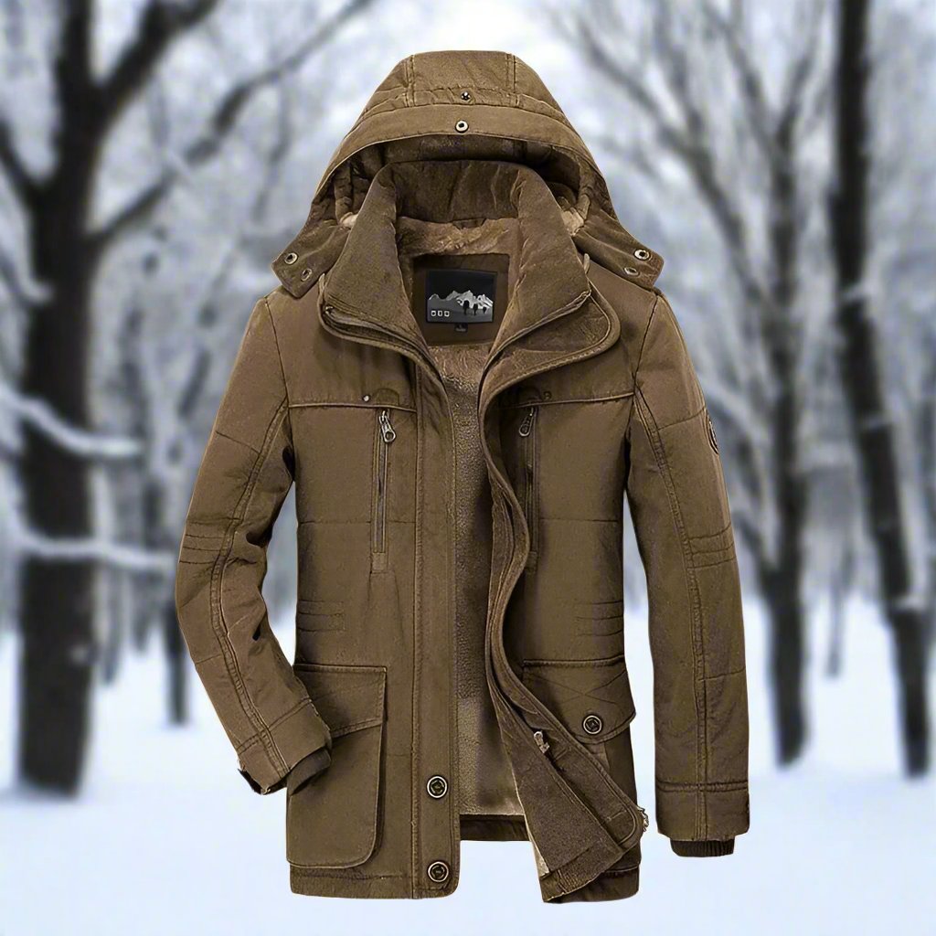 Men's hooded parka jacket regular fit plush-lined zip front with multiple pockets hip-length winter coat