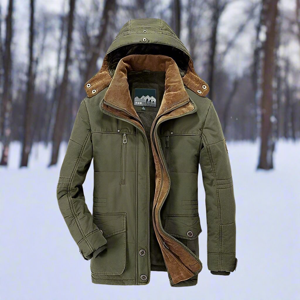 Men's hooded plush-lined parka jacket regular fit hip-length with zip front and multiple pockets