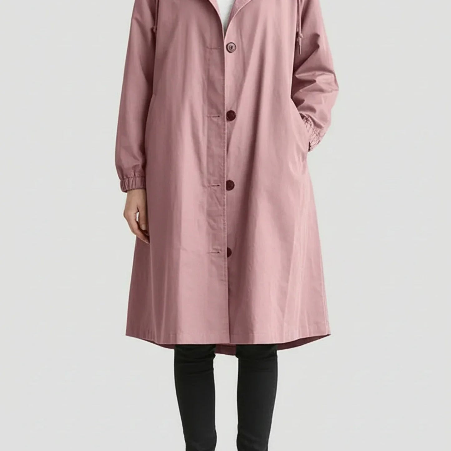 Women's hooded long coat drawstring hood A-line silhouette button front pockets trench-inspired style