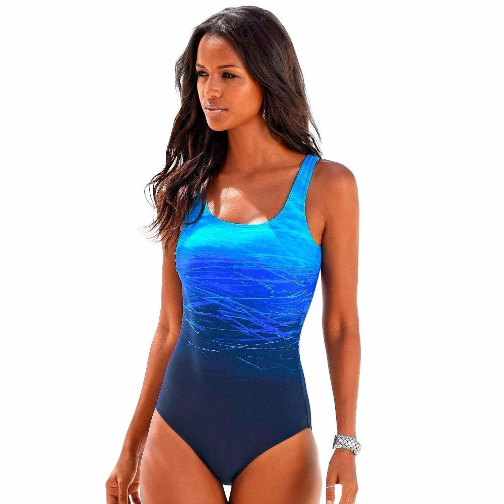 Women's one-piece sports swimsuit ombre gradient back cutout athletic striped detail quick-dry fabric