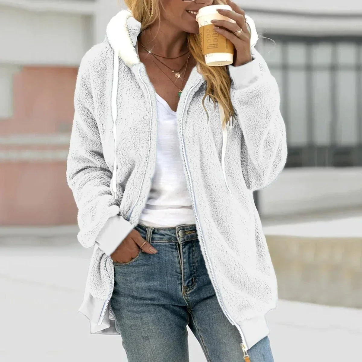 Teddy fleece zip-up hoodie loose fit cozy plush warm pullover for cold weather comfort