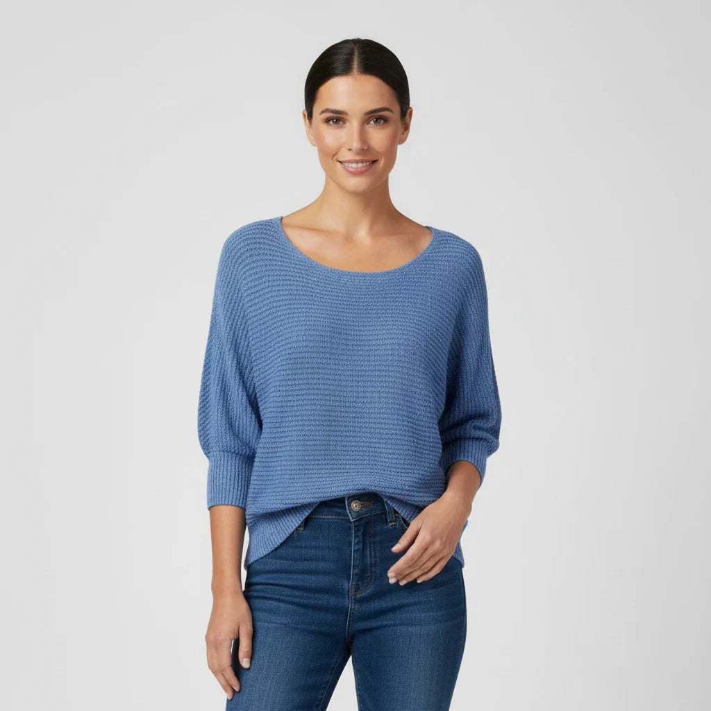 Women's beige relaxed fit scoop neck sweater with drop shoulder and 3/4 sleeves for effortless layering