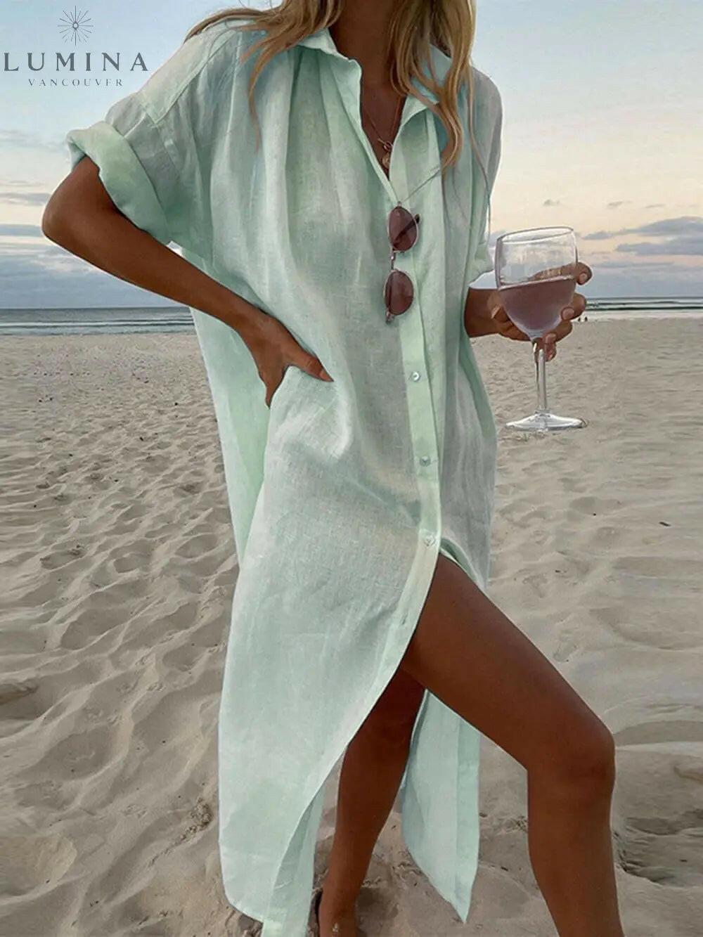 Women's loose maxi shirt dress relaxed button-down silhouette effortless chic everyday style