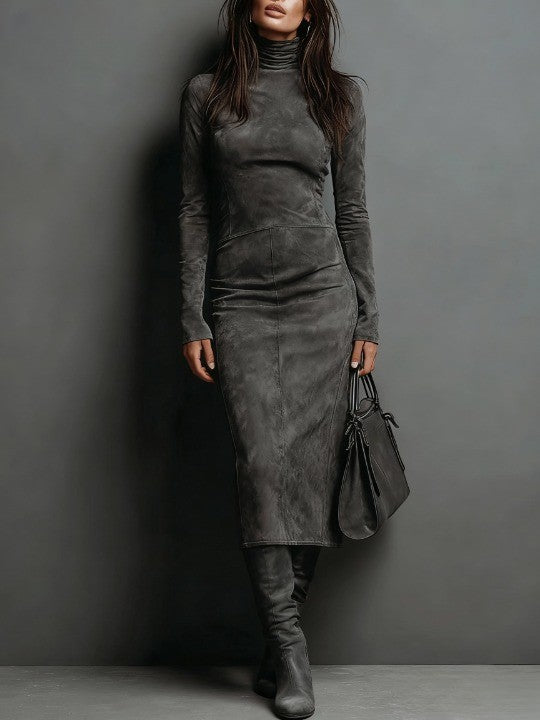 Women's burgundy suede midi dress high neck long sleeve elegant formal office wear