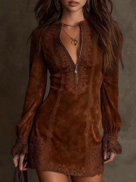 Vintage blue suede mini dress with intricate lace trim neckline and hem, retro-inspired feminine silhouette
