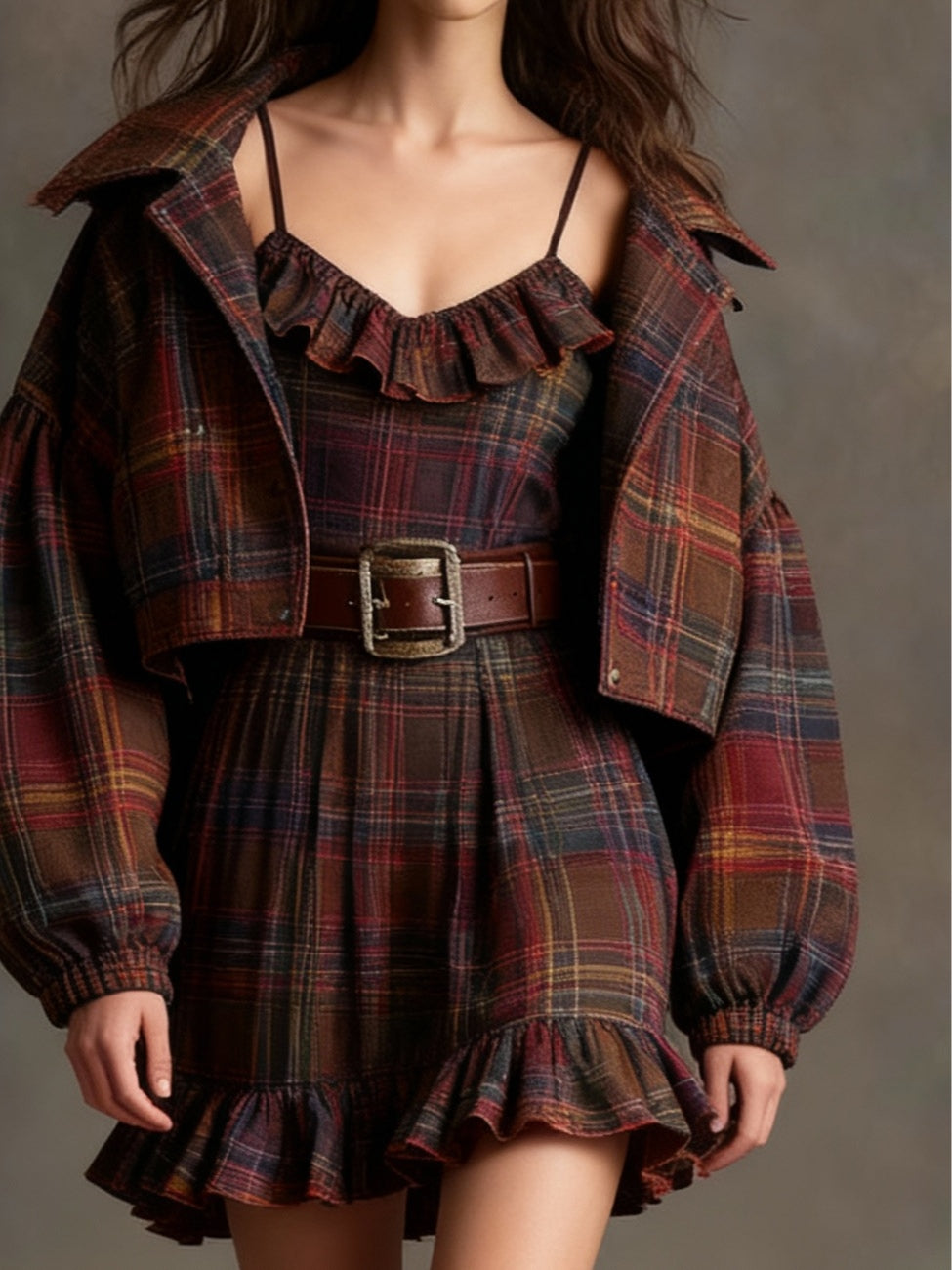 Women's vintage plaid two-piece mini dress set with loose jacket, ruffle hem, and coordinating belt