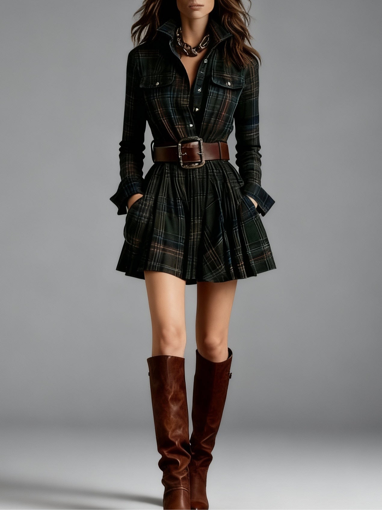 Red brown plaid mini dress with tailored lapel collar, belted waist, vintage-inspired relaxed fit