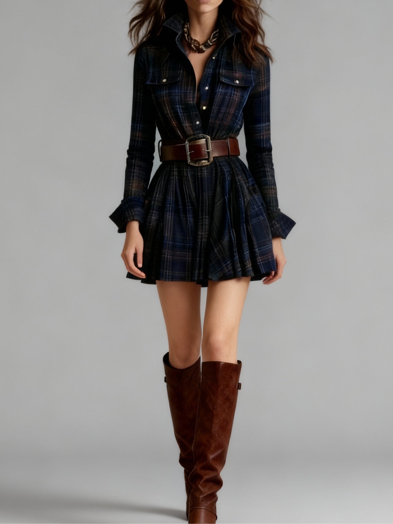 Red brown plaid mini dress with tailored lapel collar, belted waist, vintage-inspired relaxed fit