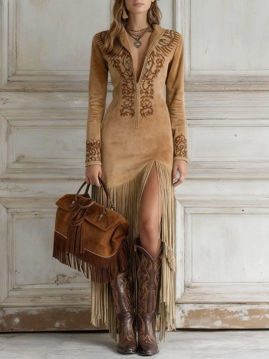 Women's brown faux suede fringe maxi dress western style half-zip with ethnic embroidery