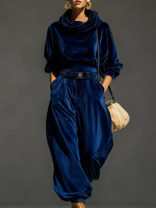 Vintage brown velvet hoodie and loose-fit trouser set with belt, relaxed silhouette for everyday lounge