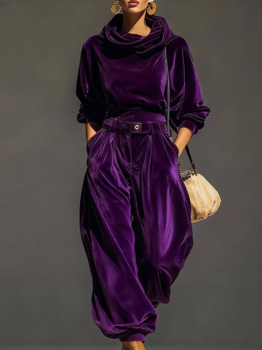 Vintage brown velvet hoodie and loose-fit trouser set with belt, relaxed silhouette lounge co