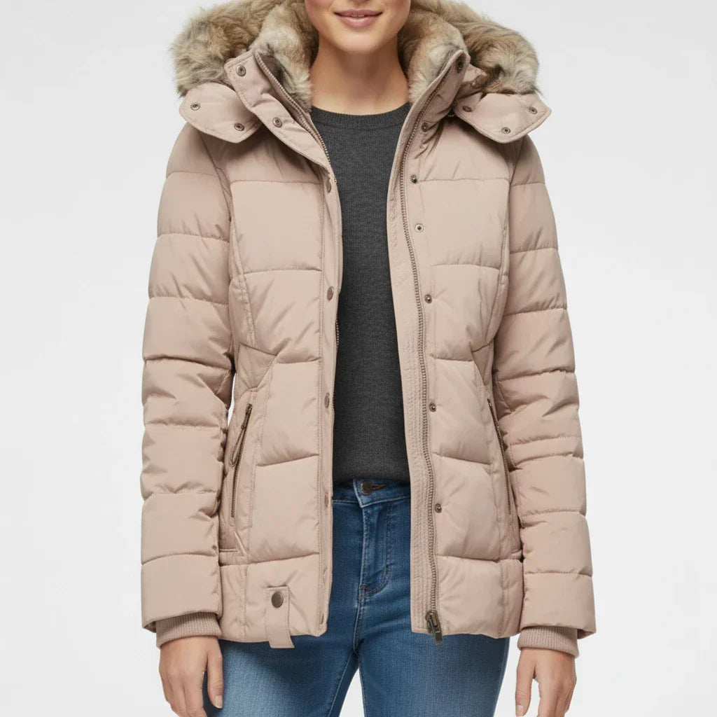 Women's hooded quilted puffer jacket flattering silhouette cozy winter coat versatile warmth