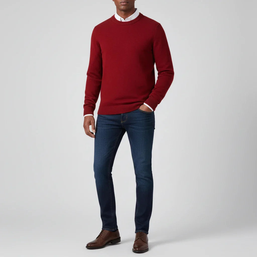 Men's light blue crew neck knit sweater regular fit timeless layering essential
